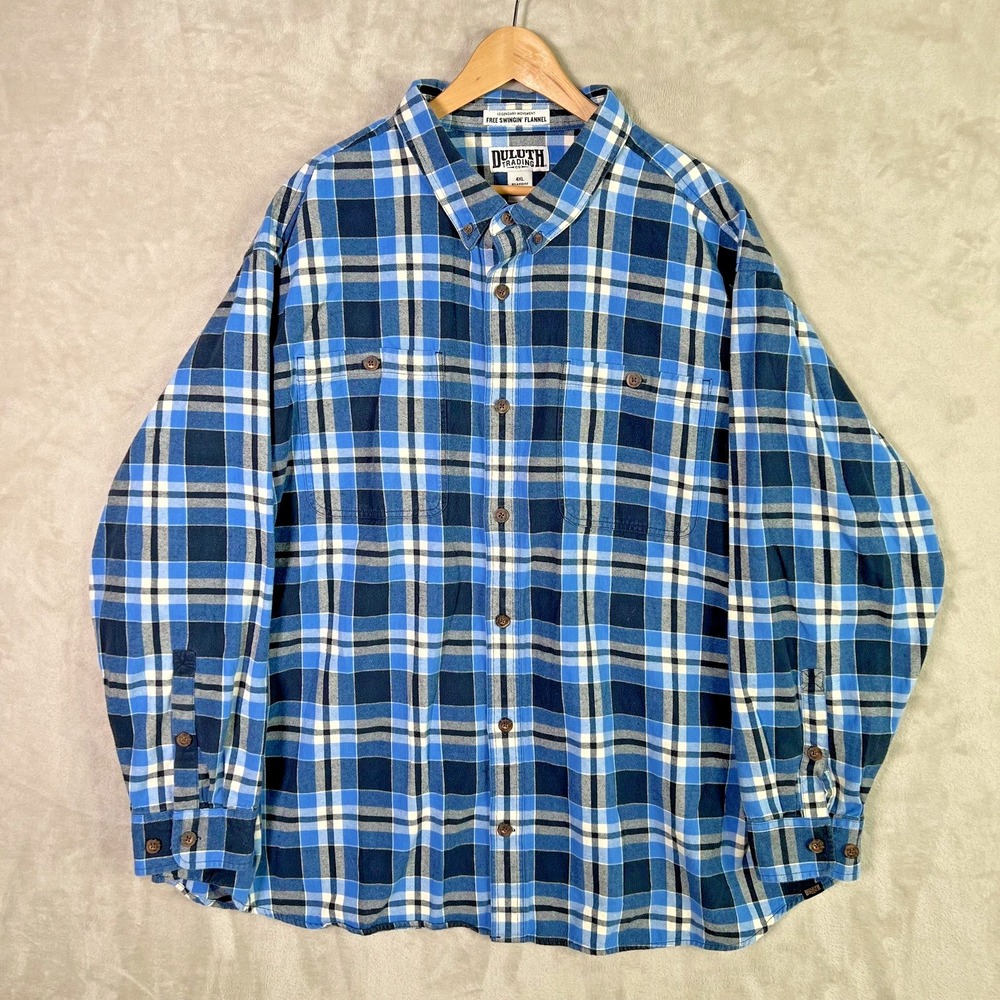 Duluth Trading Co Shirt Men Sz 4XL Relaxed Fit Free Swingin' Flannel Blue Plaid